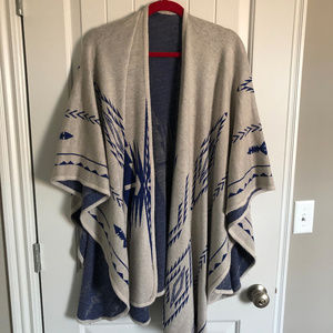 Aztec Style Open Front Poncho Gray/Blue